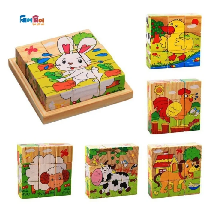6 Side Painting Farm Animals Cube Block 3D Wooden Puzzle - Image 1